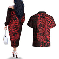 Red Couple Dolphins Maori Polynesian Style Couples Matching Off The Shoulder Long Sleeve Dress and Hawaiian Shirt LT9 - Polynesian Pride