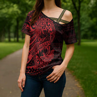 Red Couple Dolphins Maori Polynesian Style Cross Shoulder Shirt - Polynesian Pride