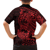 Red Couple Dolphins Maori Polynesian Style Family Matching Off The Shoulder Long Sleeve Dress and Hawaiian Shirt LT9 - Polynesian Pride