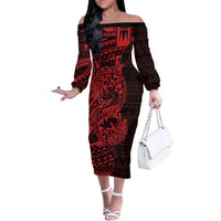 Red Couple Dolphins Maori Polynesian Style Family Matching Off The Shoulder Long Sleeve Dress and Hawaiian Shirt LT9 Mom's Dress Red - Polynesian Pride