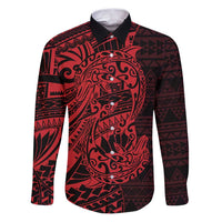 Red Couple Dolphins Maori Polynesian Style Family Matching Puletasi and Hawaiian Shirt LT9 Dad's Shirt - Long Sleeve Red - Polynesian Pride