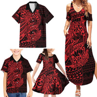 Red Couple Dolphins Maori Polynesian Style Family Matching Summer Maxi Dress and Hawaiian Shirt LT9 - Polynesian Pride