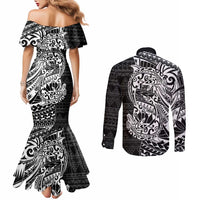 White Couple Dolphins Maori Polynesian Style Couples Matching Mermaid Dress and Long Sleeve Button Shirt