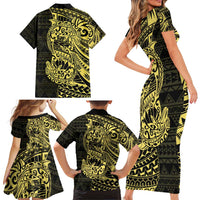 Yellow Couple Dolphins Maori Polynesian Style Family Matching Short Sleeve Bodycon Dress and Hawaiian Shirt LT9 - Polynesian Pride
