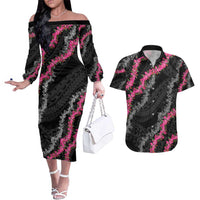 Guam Bougainvillea Lei Couples Matching Off The Shoulder Long Sleeve Dress and Hawaiian Shirt Chamorro Tribal Pattern LT9 Black - Polynesian Pride