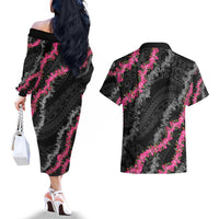 Guam Bougainvillea Lei Couples Matching Off The Shoulder Long Sleeve Dress and Hawaiian Shirt Chamorro Tribal Pattern LT9 - Polynesian Pride