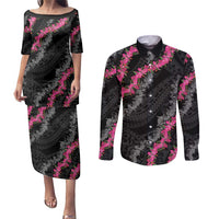 Guam Bougainvillea Lei Couples Matching Puletasi and Long Sleeve Button Shirt Chamorro Tribal Pattern