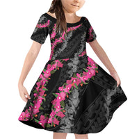 Guam Bougainvillea Lei Family Matching Off Shoulder Short Dress and Hawaiian Shirt Chamorro Tribal Pattern LT9 Daughter's Dress Black - Polynesian Pride