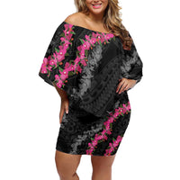 Guam Bougainvillea Lei Family Matching Off Shoulder Short Dress and Hawaiian Shirt Chamorro Tribal Pattern LT9 Mom's Dress Black - Polynesian Pride