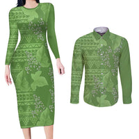 Hawaii Molokai Island Kukui Nut Flowers Couples Matching Long Sleeve Bodycon Dress and Long Sleeve Button Shirt Tribal Kakau Pattern LT9 Green - Polynesian Pride