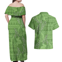 Hawaii Molokai Island Kukui Nut Flowers Couples Matching Off Shoulder Maxi Dress and Hawaiian Shirt Tribal Kakau Pattern LT9 - Polynesian Pride