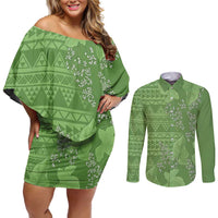 Hawaii Molokai Island Kukui Nut Flowers Couples Matching Off Shoulder Short Dress and Long Sleeve Button Shirt Tribal Kakau Pattern LT9 Green - Polynesian Pride