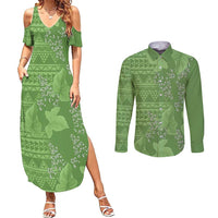Hawaii Molokai Island Kukui Nut Flowers Couples Matching Summer Maxi Dress and Long Sleeve Button Shirt Tribal Kakau Pattern LT9 Green - Polynesian Pride