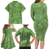 Hawaii Molokai Island Kukui Nut Flowers Family Matching Long Sleeve Bodycon Dress and Hawaiian Shirt Tribal Kakau Pattern LT9 - Polynesian Pride