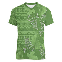 Hawaii Molokai Island Kukui Nut Flowers Women V-Neck T-Shirt Tribal Kakau Pattern LT9 Female Green - Polynesian Pride