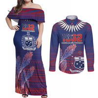 Custom Samoa 1962 Independence Day Custom Couples Matching Off Shoulder Maxi Dress and Long Sleeve Button Shirt Manuia le Aso Tuto'atasi Ula Nifo Blue Art LT9 Blue - Polynesian Pride