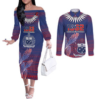 Custom Samoa 1962 Independence Day Custom Couples Matching Off The Shoulder Long Sleeve Dress and Long Sleeve Button Shirt Manuia le Aso Tuto'atasi Ula Nifo Blue Art LT9 Blue - Polynesian Pride