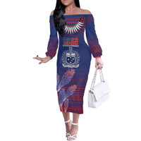 Custom Samoa 1962 Independence Day Custom Off The Shoulder Long Sleeve Dress Manuia le Aso Tuto'atasi Ula Nifo Blue Art LT9 Women Blue - Polynesian Pride