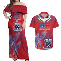 Custom Samoa 1962 Independence Day Custom Couples Matching Off Shoulder Maxi Dress and Hawaiian Shirt Manuia le Aso Tuto'atasi Ula Nifo Red Art LT9 Red - Polynesian Pride