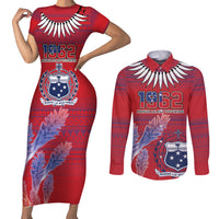 Custom Samoa 1962 Independence Day Custom Couples Matching Short Sleeve Bodycon Dress and Long Sleeve Button Shirt Manuia le Aso Tuto'atasi Ula Nifo Red Art LT9 Red - Polynesian Pride