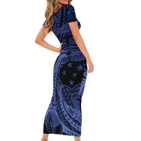 Custom Samoa 62nd Manuia le Aso Tuto'atasi Short Sleeve Bodycon Dress Samoan Tatau Blue Art LT9 - Polynesian Pride