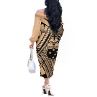 Custom Samoa Manuia le 62 Tausaga O le Tutoatasi Off The Shoulder Long Sleeve Dress Samoan Tatau Beige Art LT9 - Polynesian Pride