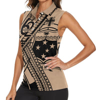 Custom Samoa Manuia le 62 Tausaga O le Tutoatasi Women Sleeveless Polo Shirt Samoan Tatau Beige Art LT9 - Polynesian Pride