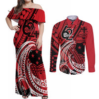 Custom Samoa Manuia le 62 Tausaga O le Tutoatasi Couples Matching Off Shoulder Maxi Dress and Long Sleeve Button Shirt Samoan Tatau Red Art LT9 Red - Polynesian Pride