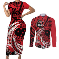 Custom Samoa Manuia le 62 Tausaga O le Tutoatasi Couples Matching Short Sleeve Bodycon Dress and Long Sleeve Button Shirt Samoan Tatau Red Art LT9 Red - Polynesian Pride