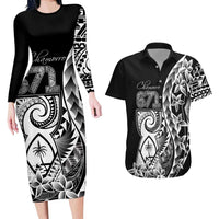 671 Guam Personalised Couples Matching Long Sleeve Bodycon Dress and Hawaiian Shirt Latte Stone Tribal LT9 Black - Polynesian Pride