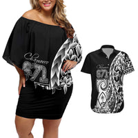 671 Guam Personalised Couples Matching Off Shoulder Short Dress and Hawaiian Shirt Latte Stone Tribal LT9 Black - Polynesian Pride