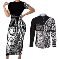 671 Guam Personalised Couples Matching Short Sleeve Bodycon Dress and Long Sleeve Button Shirt Latte Stone Tribal LT9 Black - Polynesian Pride