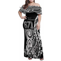 671 Guam Personalised Family Matching Off Shoulder Maxi Dress and Hawaiian Shirt Latte Stone Tribal LT9 Mom's Dress Black - Polynesian Pride