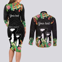 671 Guam Personalised Couples Matching Long Sleeve Bodycon Dress and Long Sleeve Button Shirt Latte Stone and Tropical Flowers LT9 - Polynesian Pride