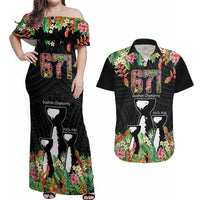 671 Guam Personalised Couples Matching Off Shoulder Maxi Dress and Hawaiian Shirt Latte Stone and Tropical Flowers LT9 Black - Polynesian Pride