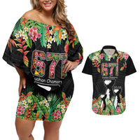 671 Guam Personalised Couples Matching Off Shoulder Short Dress and Hawaiian Shirt Latte Stone and Tropical Flowers LT9 Black - Polynesian Pride