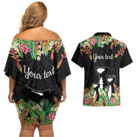 671 Guam Personalised Couples Matching Off Shoulder Short Dress and Hawaiian Shirt Latte Stone and Tropical Flowers LT9 - Polynesian Pride