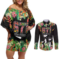 671 Guam Personalised Couples Matching Off Shoulder Short Dress and Long Sleeve Button Shirt Latte Stone and Tropical Flowers LT9 Black - Polynesian Pride