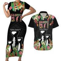 671 Guam Personalised Couples Matching Short Sleeve Bodycon Dress and Hawaiian Shirt Latte Stone and Tropical Flowers LT9 Black - Polynesian Pride