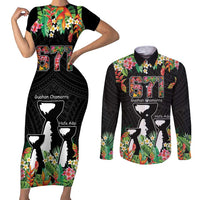 671 Guam Personalised Couples Matching Short Sleeve Bodycon Dress and Long Sleeve Button Shirt Latte Stone and Tropical Flowers LT9 Black - Polynesian Pride