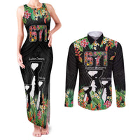 671 Guam Personalised Couples Matching Tank Maxi Dress and Long Sleeve Button Shirt Latte Stone and Tropical Flowers LT9 Black - Polynesian Pride