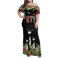 671 Guam Personalised Family Matching Off Shoulder Maxi Dress and Hawaiian Shirt Latte Stone and Tropical Flowers LT9 Mom's Dress Black - Polynesian Pride
