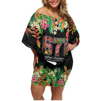 671 Guam Personalised Family Matching Off Shoulder Short Dress and Hawaiian Shirt Latte Stone and Tropical Flowers LT9 Mom's Dress Black - Polynesian Pride