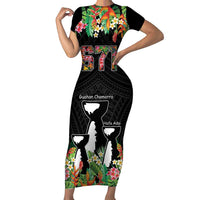 671 Guam Personalised Family Matching Short Sleeve Bodycon Dress and Hawaiian Shirt Latte Stone and Tropical Flowers LT9 Mom's Dress Black - Polynesian Pride