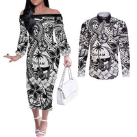 Guam Hafa Adai Guasali Flowers Couples Matching Off The Shoulder Long Sleeve Dress and Long Sleeve Button Shirt LT9 Black - Polynesian Pride