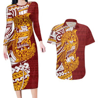 Couple Dolphins Maori Motif Couples Matching Long Sleeve Bodycon Dress and Hawaiian Shirt LT9 Burgundy - Polynesian Pride