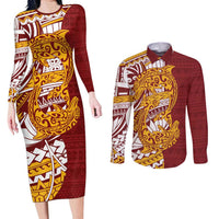 Couple Dolphins Maori Motif Couples Matching Long Sleeve Bodycon Dress and Long Sleeve Button Shirt LT9 Burgundy - Polynesian Pride