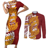 Couple Dolphins Maori Motif Couples Matching Short Sleeve Bodycon Dress and Long Sleeve Button Shirt LT9 Burgundy - Polynesian Pride