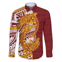 Couple Dolphins Maori Motif Family Matching Puletasi and Hawaiian Shirt LT9 Dad's Shirt - Long Sleeve Burgundy - Polynesian Pride