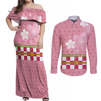 Japanese Asanoha Pattern Couples Matching Off Shoulder Maxi Dress and Long Sleeve Button Shirt Charm Against Evil Spirits - Polynesian Pride